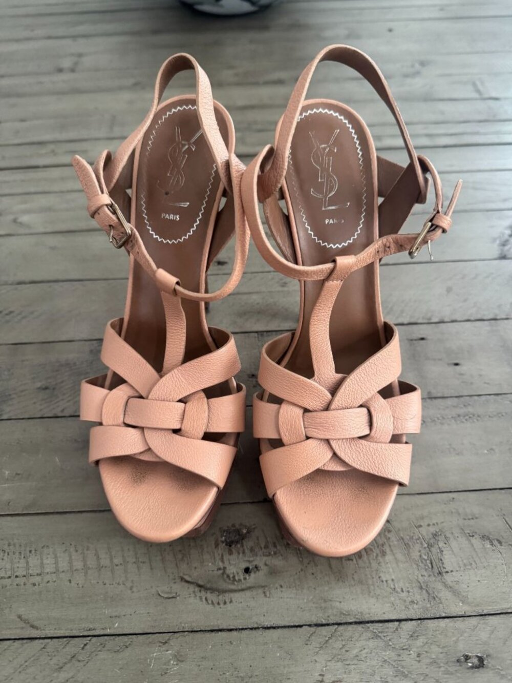 YSL Saint Laurent Beige Leather Tribute Platform Wood Heel Sandals Pumps 39 - Picture 4 of 8